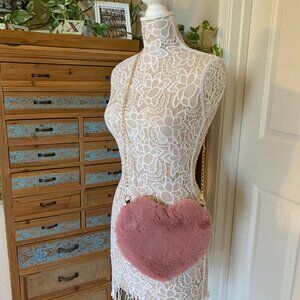 Heart Shaped Furry Crossbody Bag W/Gold Chain - 70's Retro - Dark Pink - NWT